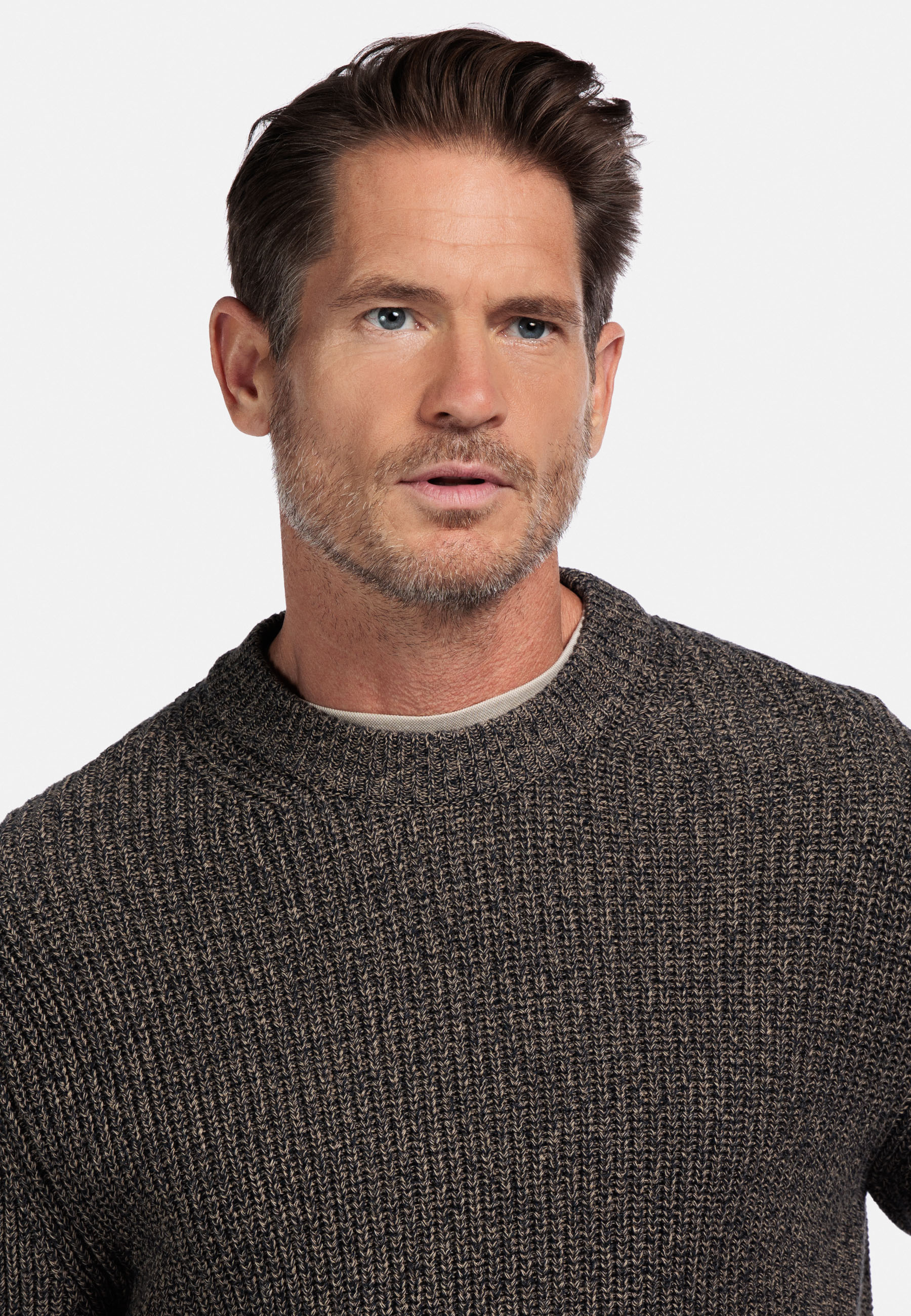 Gemeleerde ribtrui met ronde hals - Beige