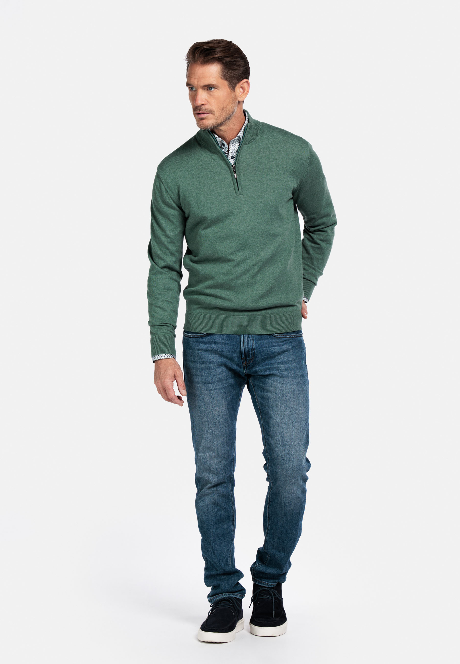 Katoenmix pullover met halve rits - Green