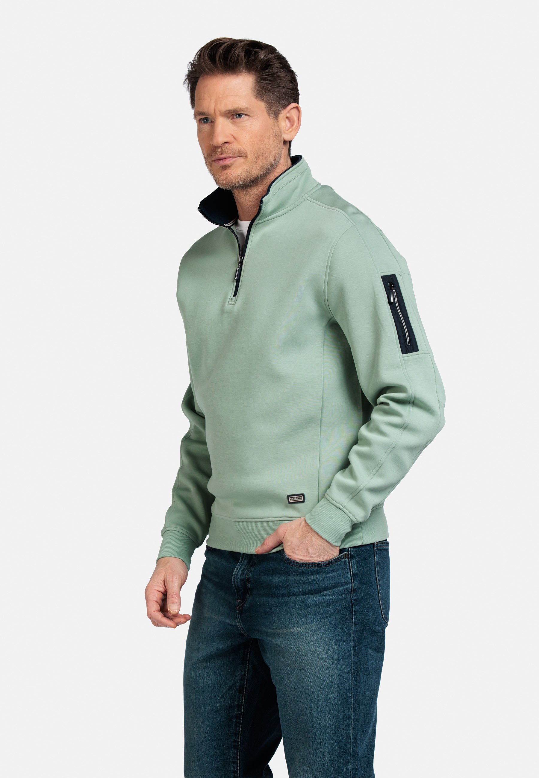 Katoenmix sweater met halve rits - Groen