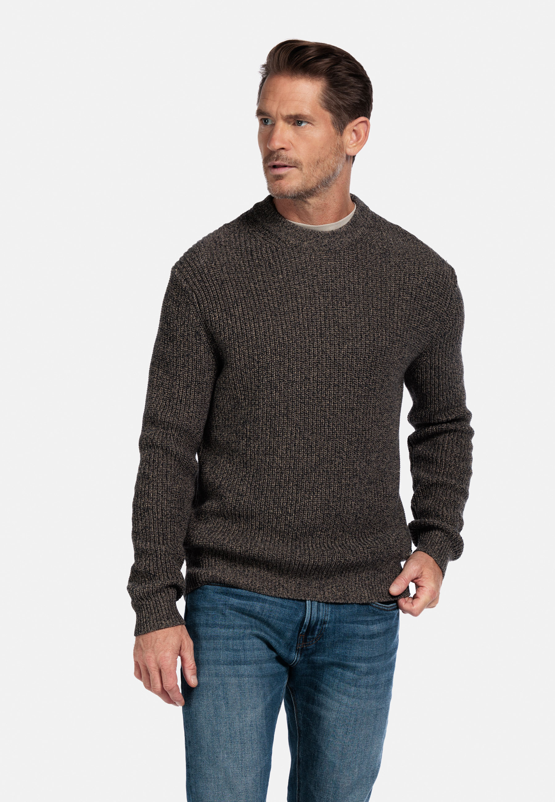 Gemeleerde ribtrui met ronde hals - Beige