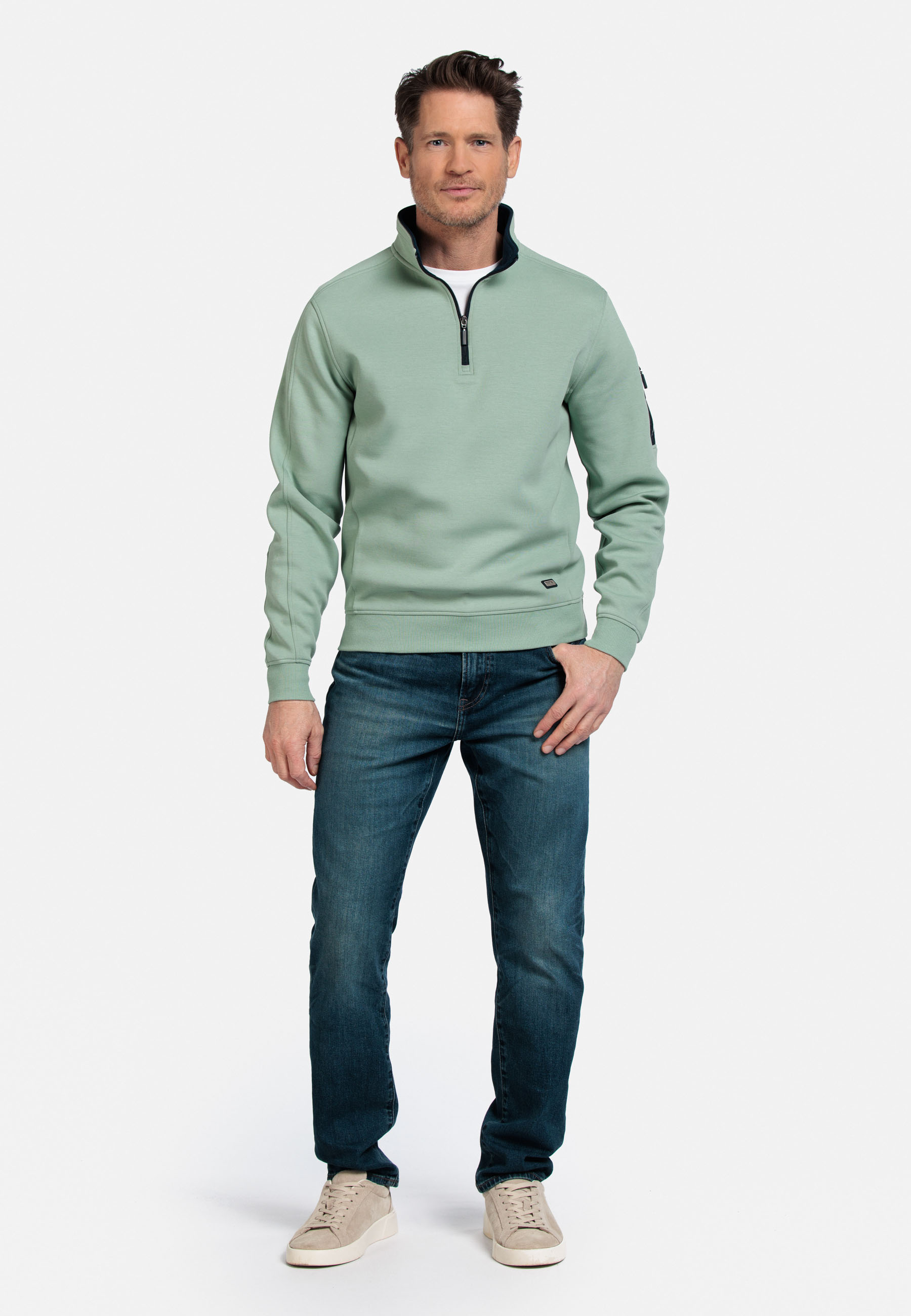 Katoenmix sweater met halve rits - Groen