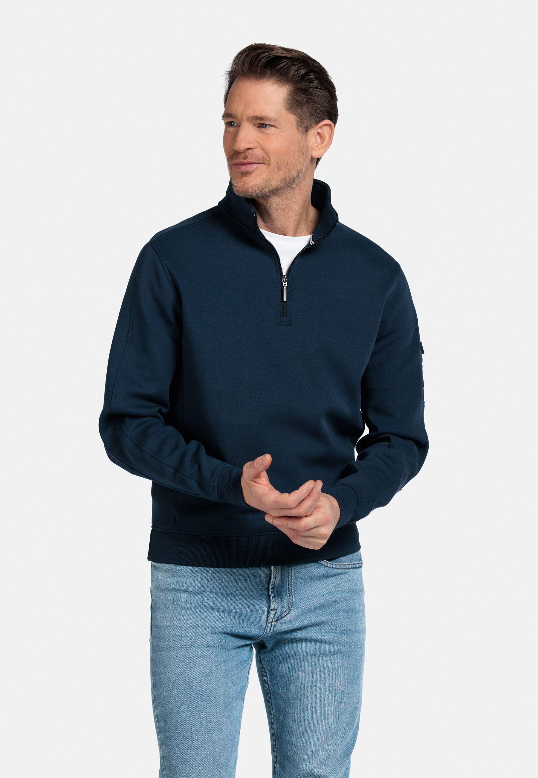 Katoenmix sweater met halve rits - Donkerblauw