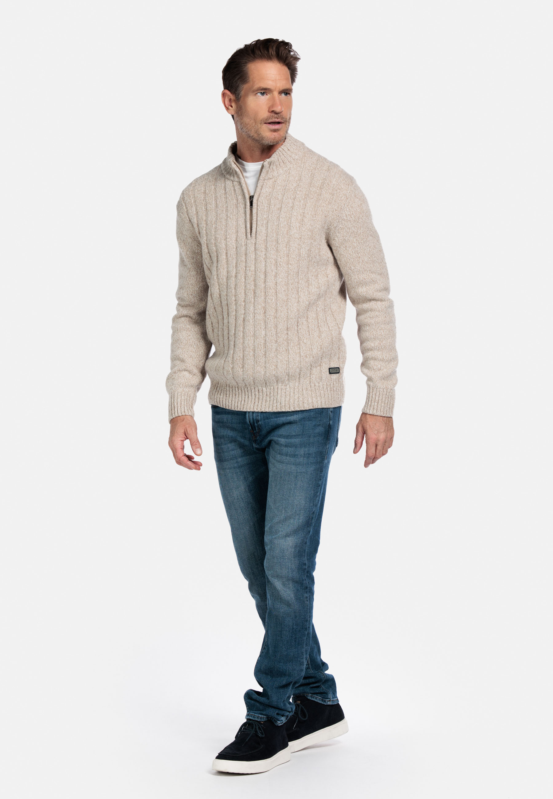 Wolmix trui met halve rits - Beige