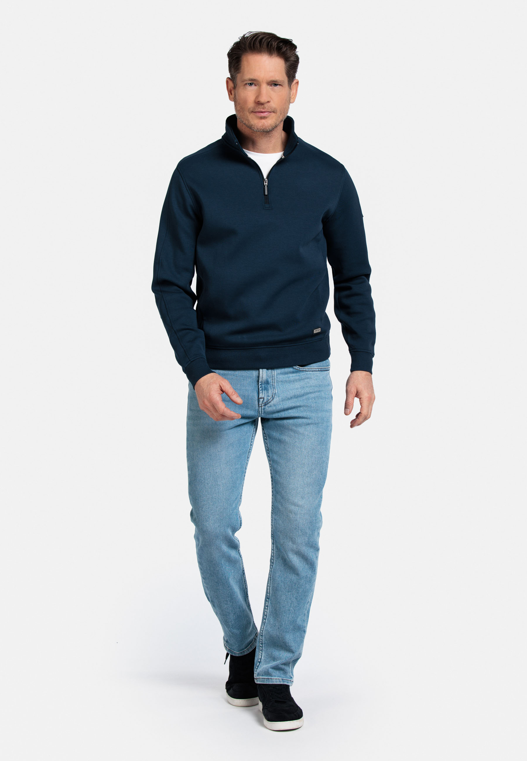 Katoenmix sweater met halve rits - Donkerblauw