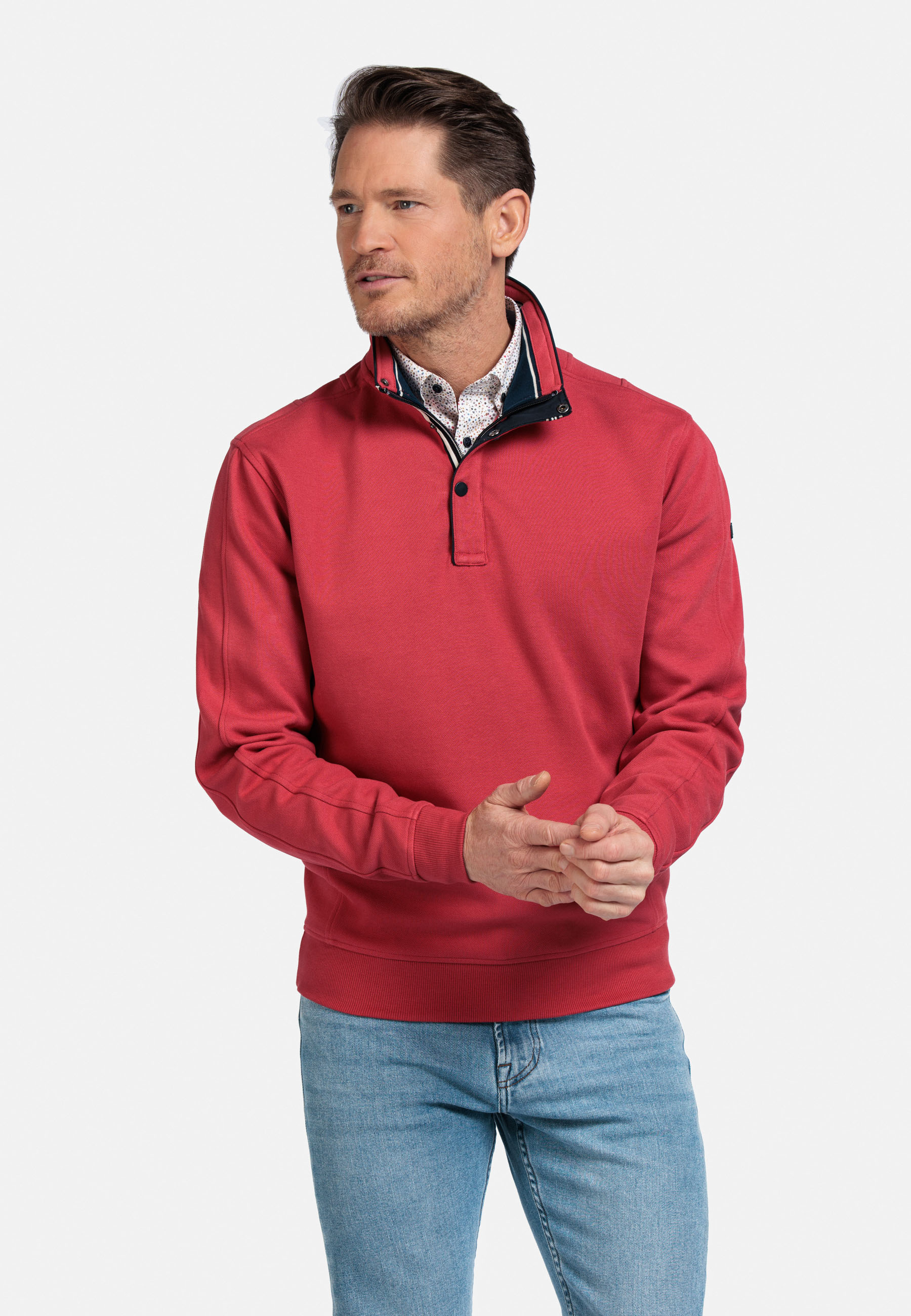 Katoenmix sweater met halve rits - Coral