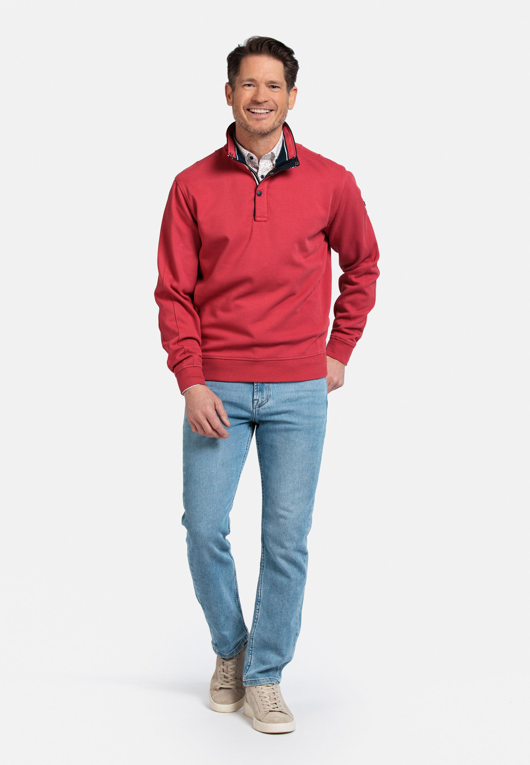 Katoenmix sweater met halve rits - Coral