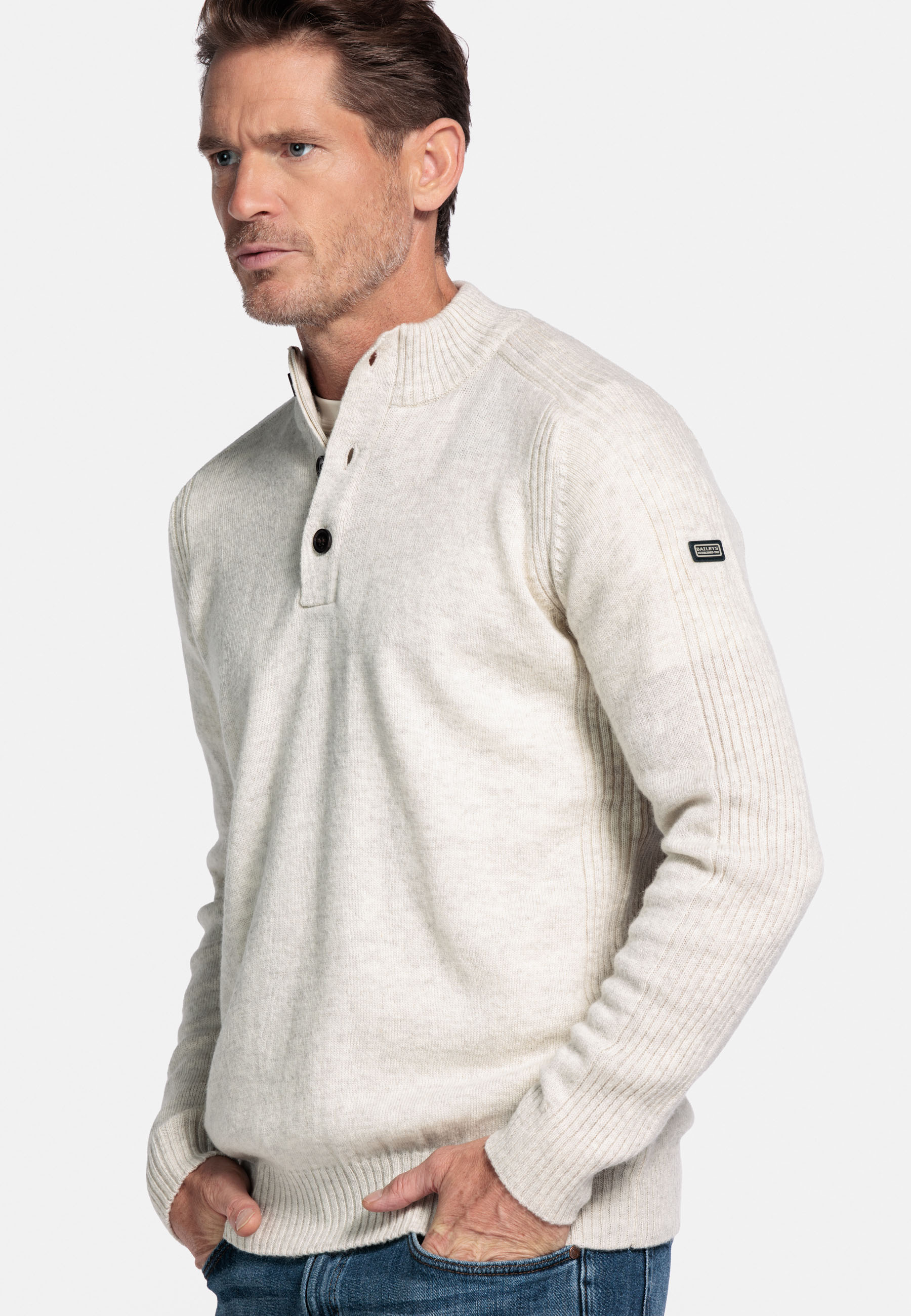 Lamswollen trui met halve rits en knopen -  Beige