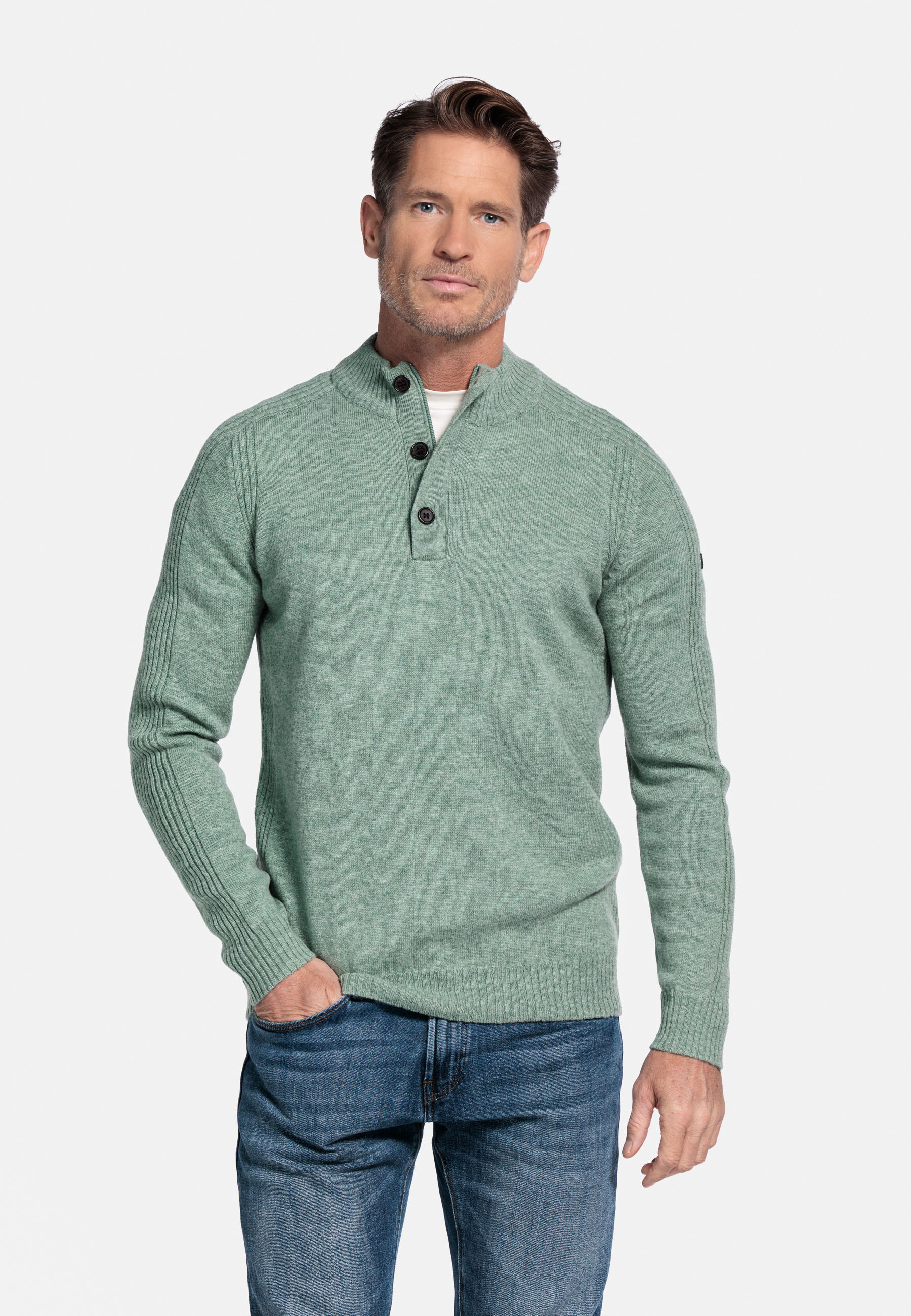 Lamswollen trui met halve rits en knopen -  Beige