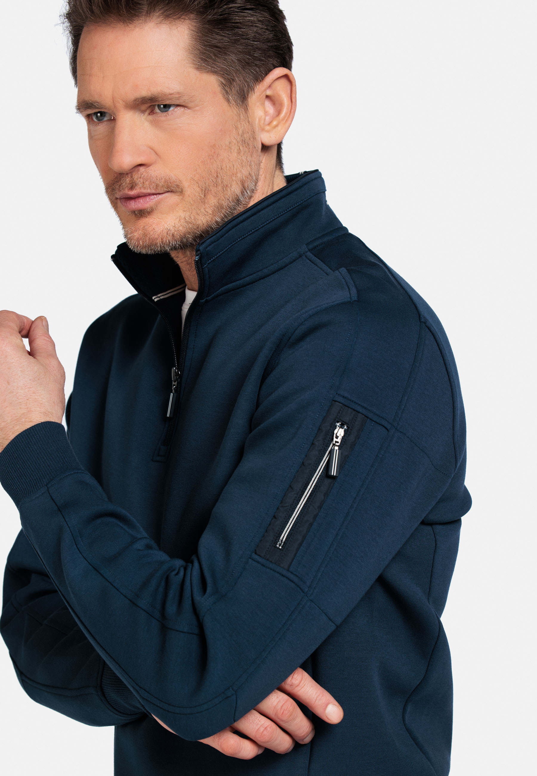 Katoenmix sweater met halve rits - Donkerblauw