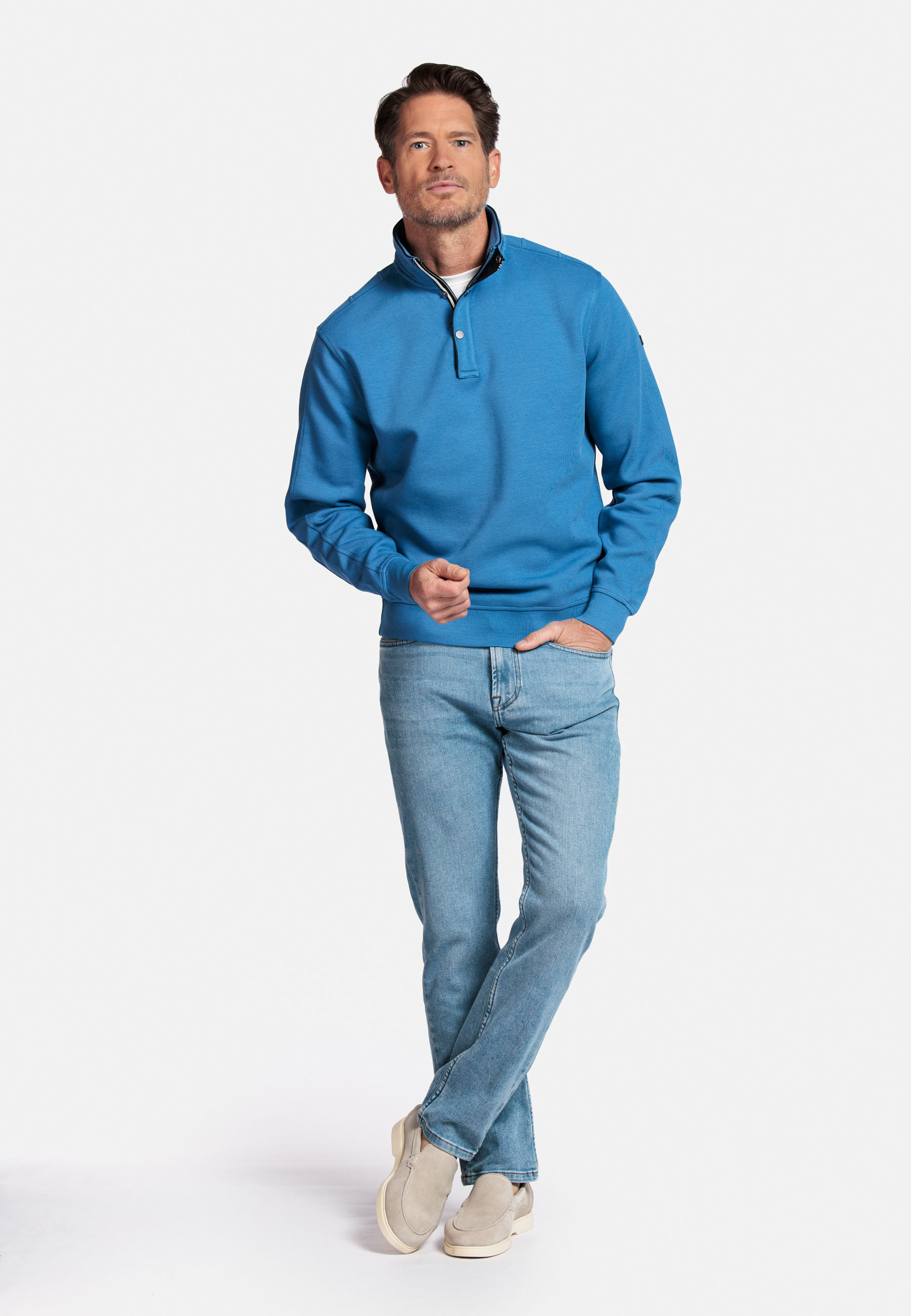 Katoenmix sweater met halve rits - Lichtblauw