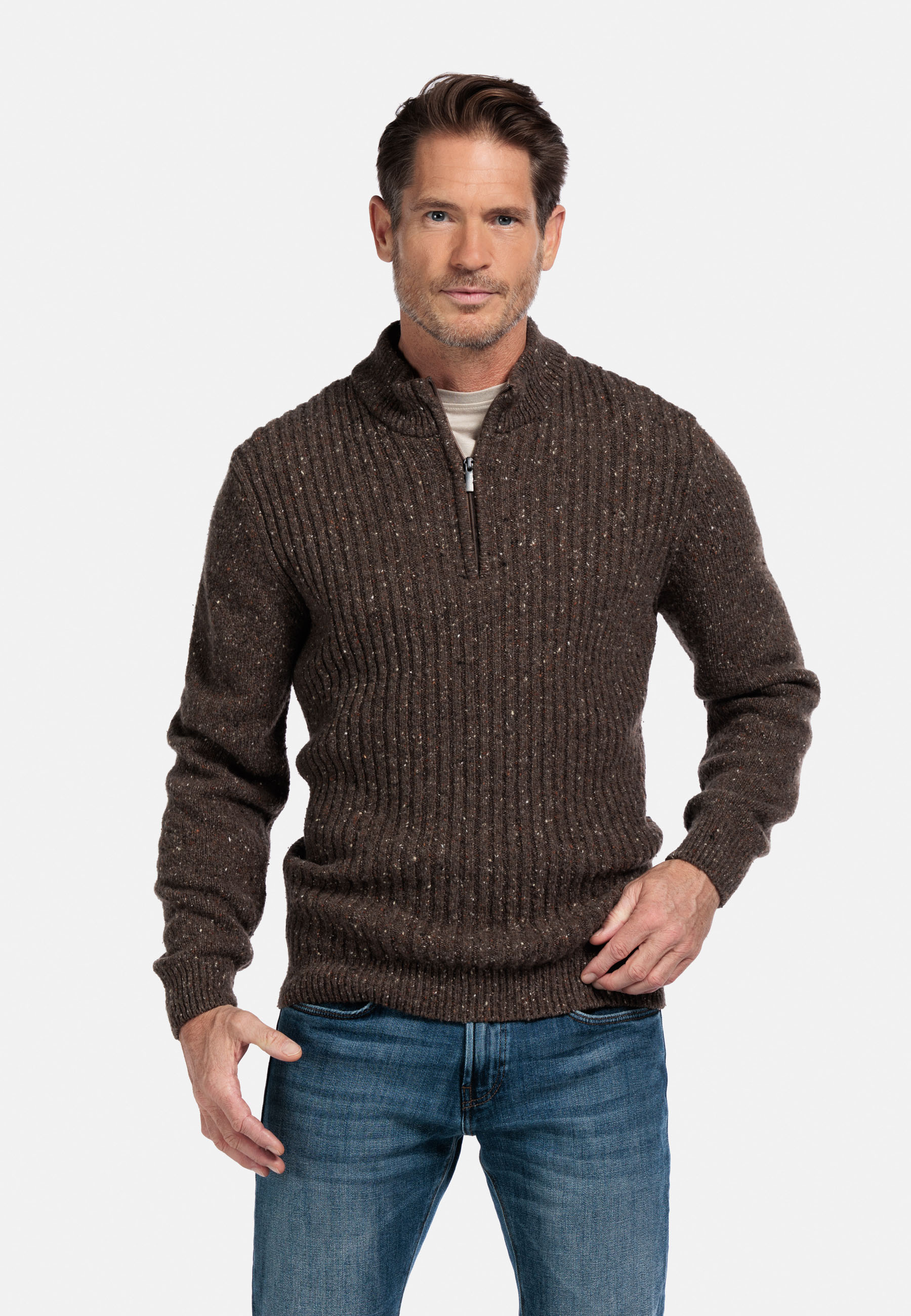 Wolmix ribtrui met halve rits - Dark Brown 